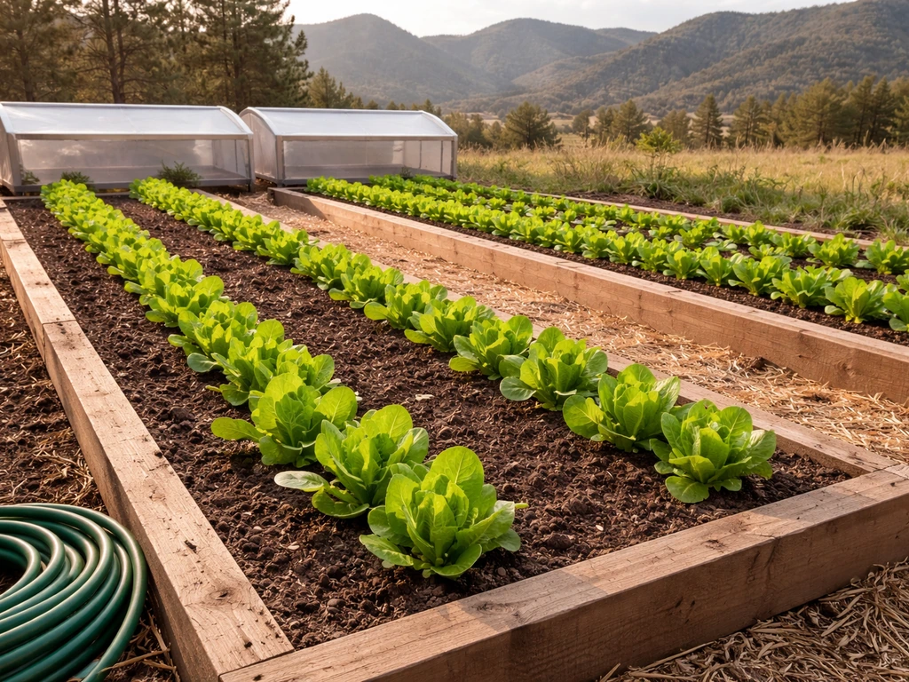 Close-up of raised lettuce rows in a Colorado garden with cool-season plants and distant foothills