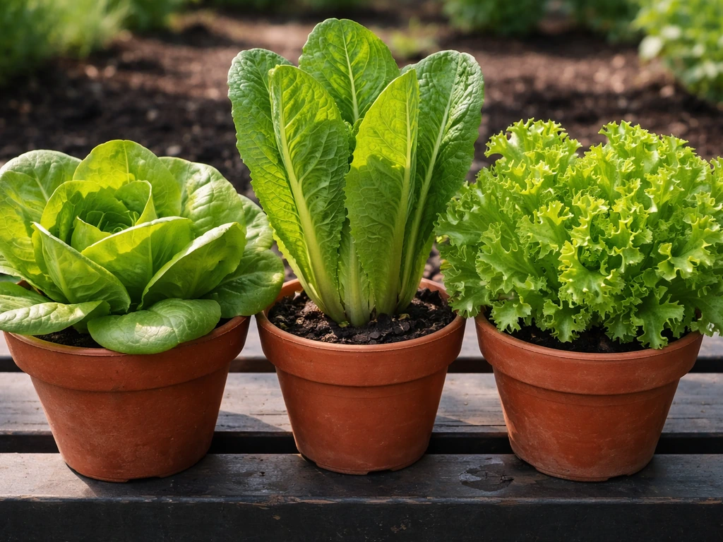 Close-up of mixed lettuce varieties in small pots/trays with visible leaf textures in natural light.