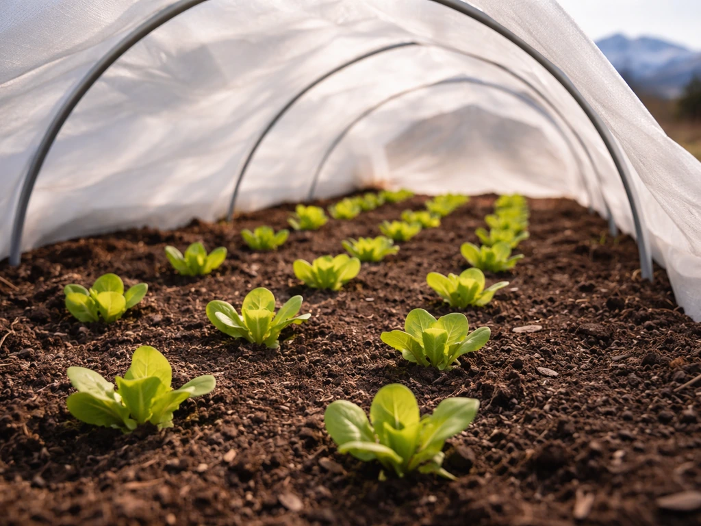 Lettuce seedlings under a translucent row cover in a Colorado garden bed during early spring.