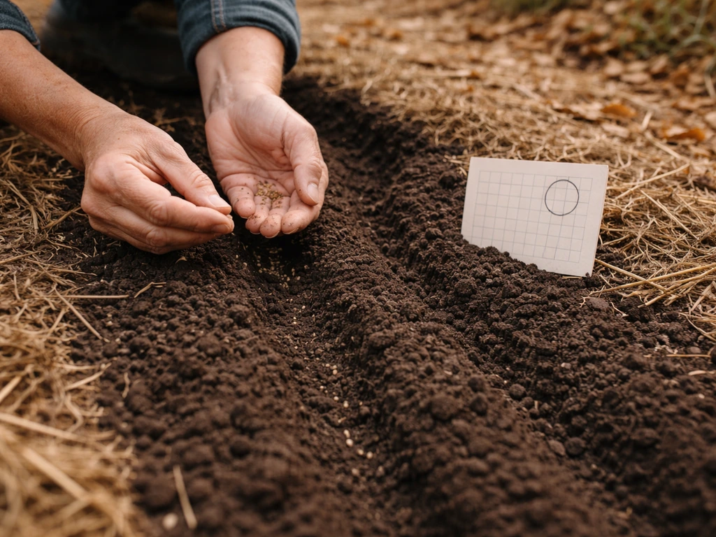 Gardener’s hands sowing lettuce seeds into prepared soil with a simple fall calendar card nearby.