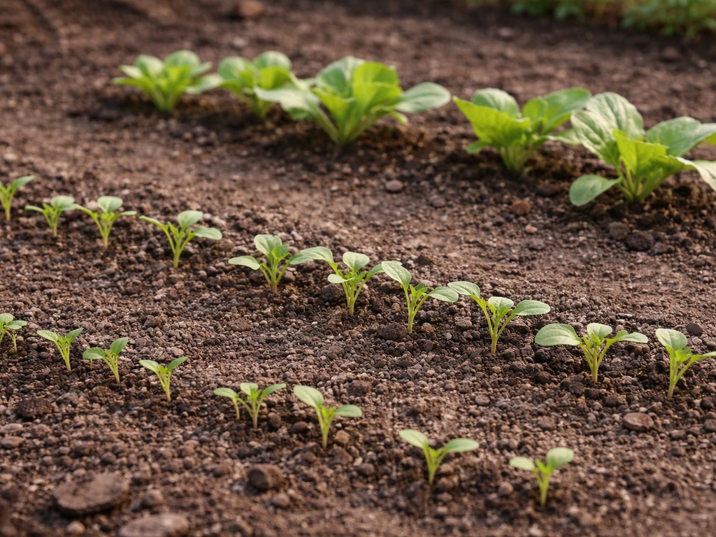 Garden seedlings spaced at two stages, showing close thinning then wider spacing for airflow.