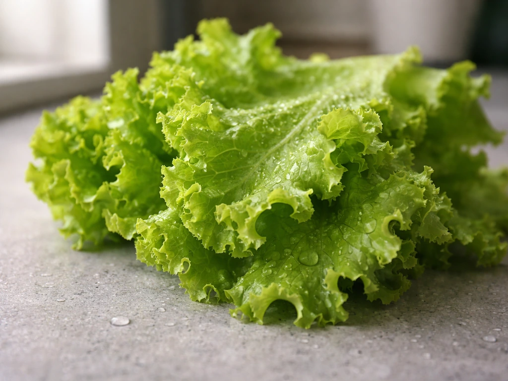 Crisp lettuce leaves with dew drops on a kitchen counter, sharply focused and glossy for homegrown freshness.