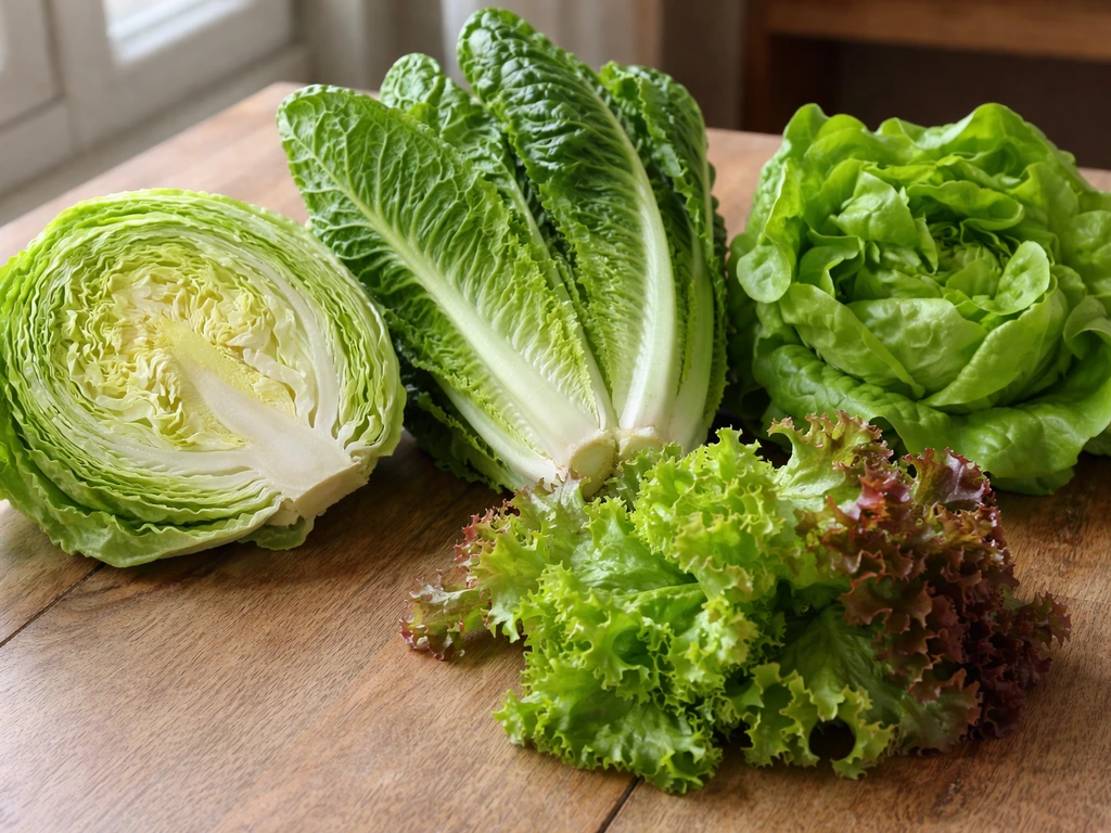 Assorted lettuce varieties on a wooden table showing distinct textures from crisphead to butterhead