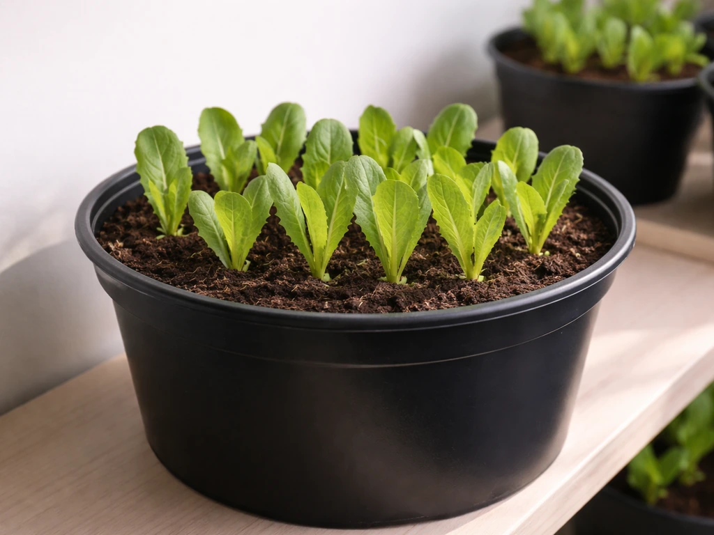 Indoor grow pot of crisp romaine lettuce in evenly spaced plants on a simple shelf.