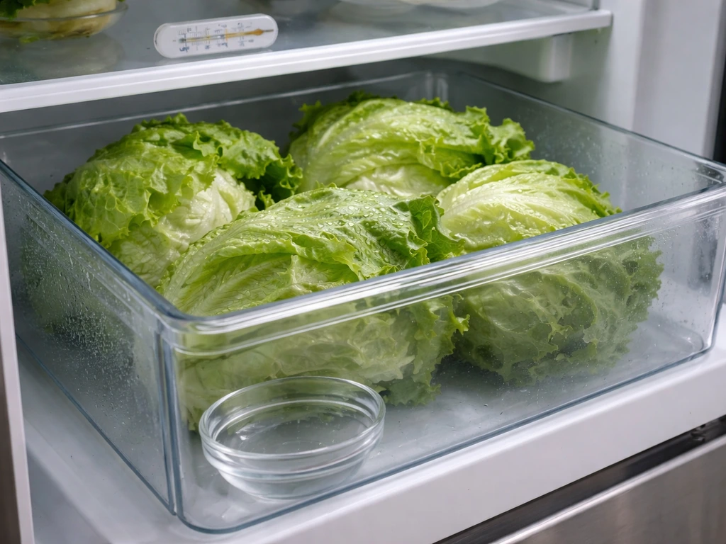 Fresh crisphead lettuce stored in a refrigerator crisper drawer for maximum crunch.