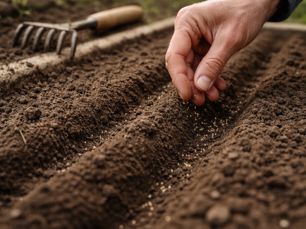 Hands scattering tiny lettuce seeds into shallow furrows in a garden bed