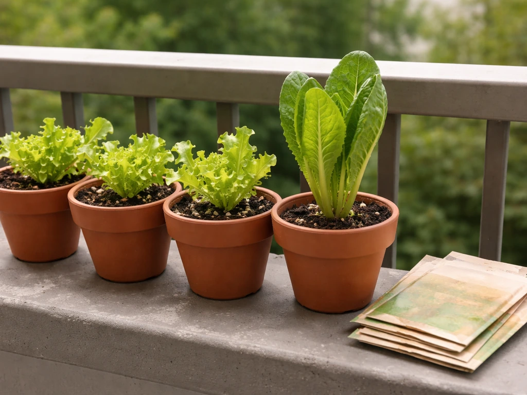 Assorted balcony lettuce plants and seed packets, including loose-leaf greens and a romaine variety, in pots