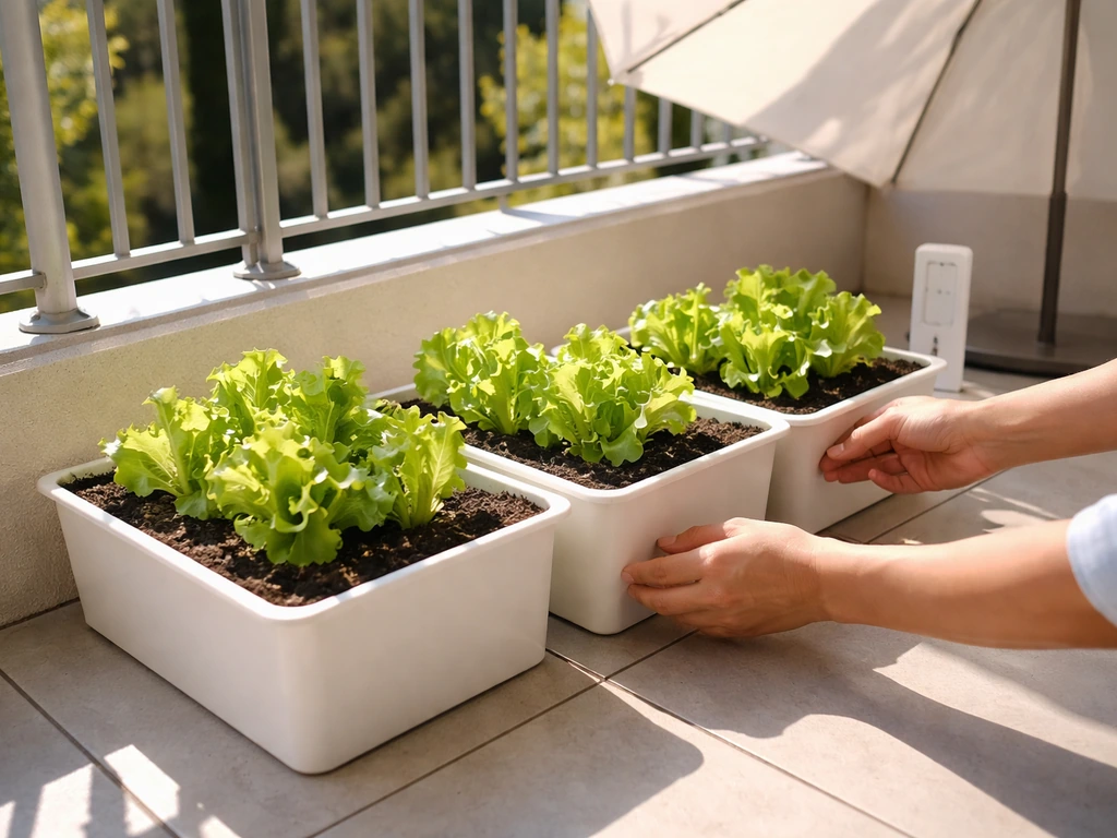 Lettuce containers on a balcony with clear sun vs partial shade areas for positioning