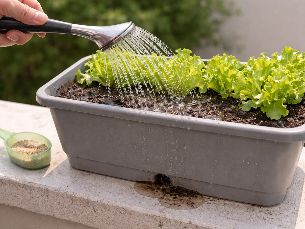 Close-up of watering a lettuce container until soil is evenly saturated, with a small fertilizer scoop nearby.