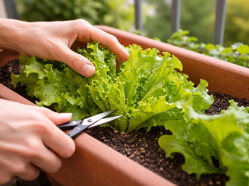 Hands harvesting balcony lettuce by snipping outer leaves while the center crown stays intact