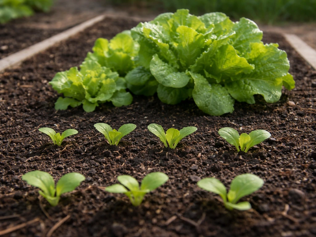 Staged garden bed showing leaf lettuce seedlings growing into a harvest-ready leafy plant