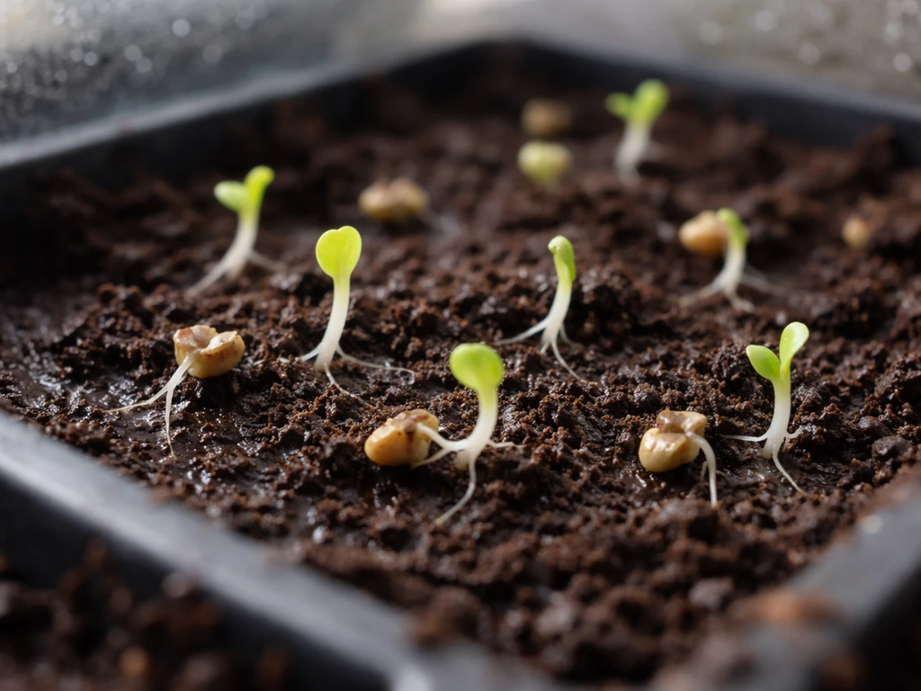 Moist soil with leaf lettuce seeds cracking open, showing tiny roots and emerging shoots.