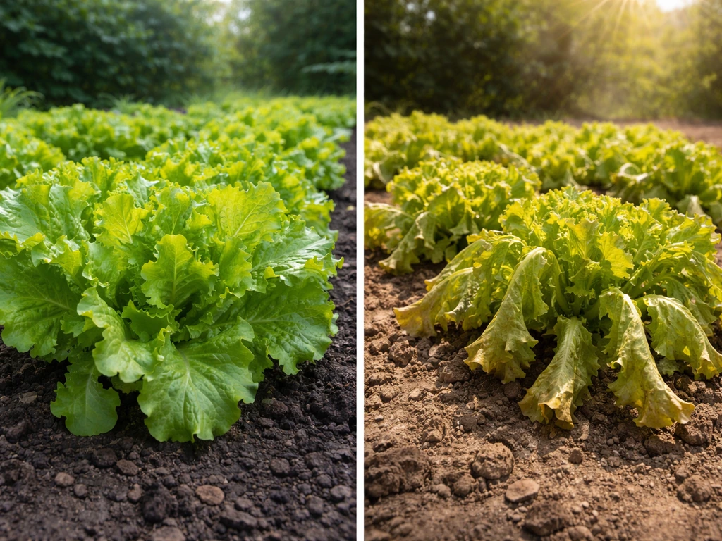 Two side-by-side lettuce plants: one thriving in cool 60–70°F shade, one wilting in hot sun above 75°F.