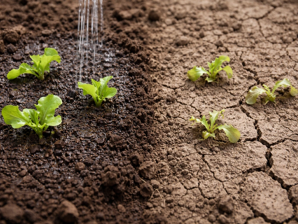 Close-up of lettuce seedlings in evenly moist soil beside dry, cracked stressed soil.