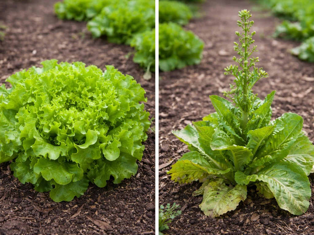 Two adjacent lettuce plants: leafy lettuce ready to cut vs bolting lettuce with a tall flower stalk.