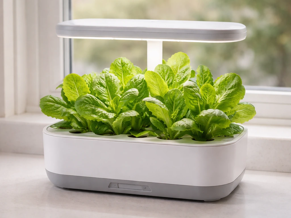 A compact Aerogarden with small, fresh lettuce plants showing early leaf growth under bright natural light.