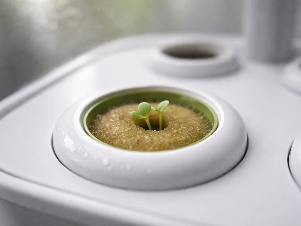 Close-up of lettuce seed pods in an aeroponic grow unit with tiny sprouts emerging.