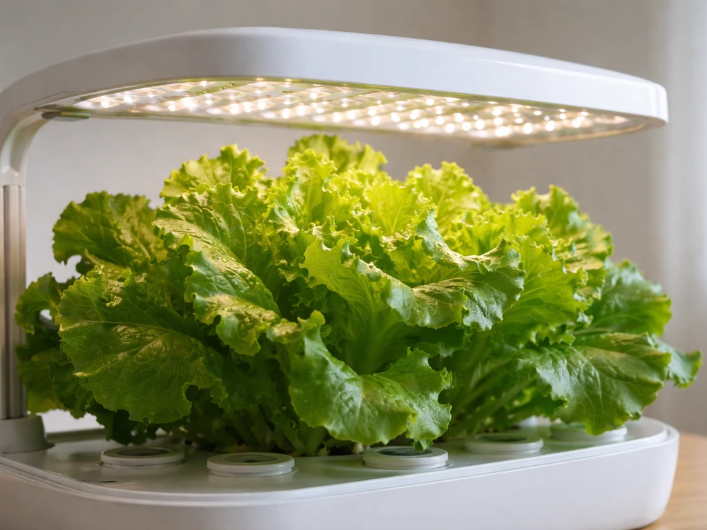 Aerogarden light hood with active LEDs shining over leafy lettuce in a simple indoor setup
