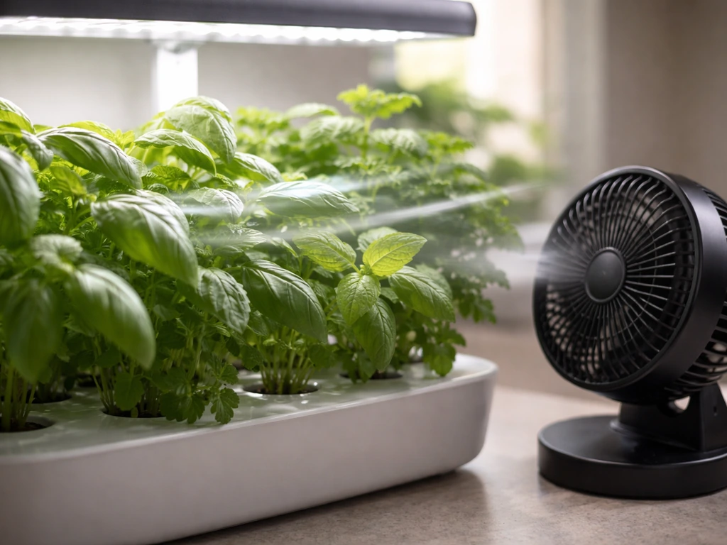 Small indoor Aerogarden setup with leafy greens and gentle horizontal airflow from a compact fan