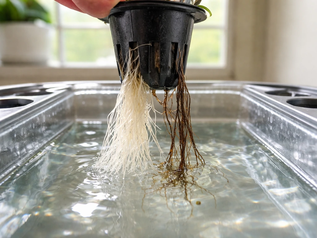 Close-up of a hydroponic pod lifted from clear water, showing white and dark root conditions under water.