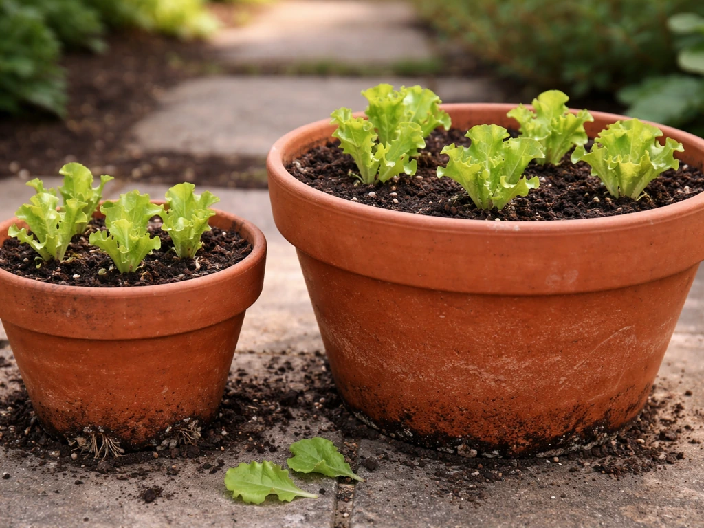 Close-up of iceberg lettuce seedlings in a small pot beside a larger pot, showing the difference in root room.