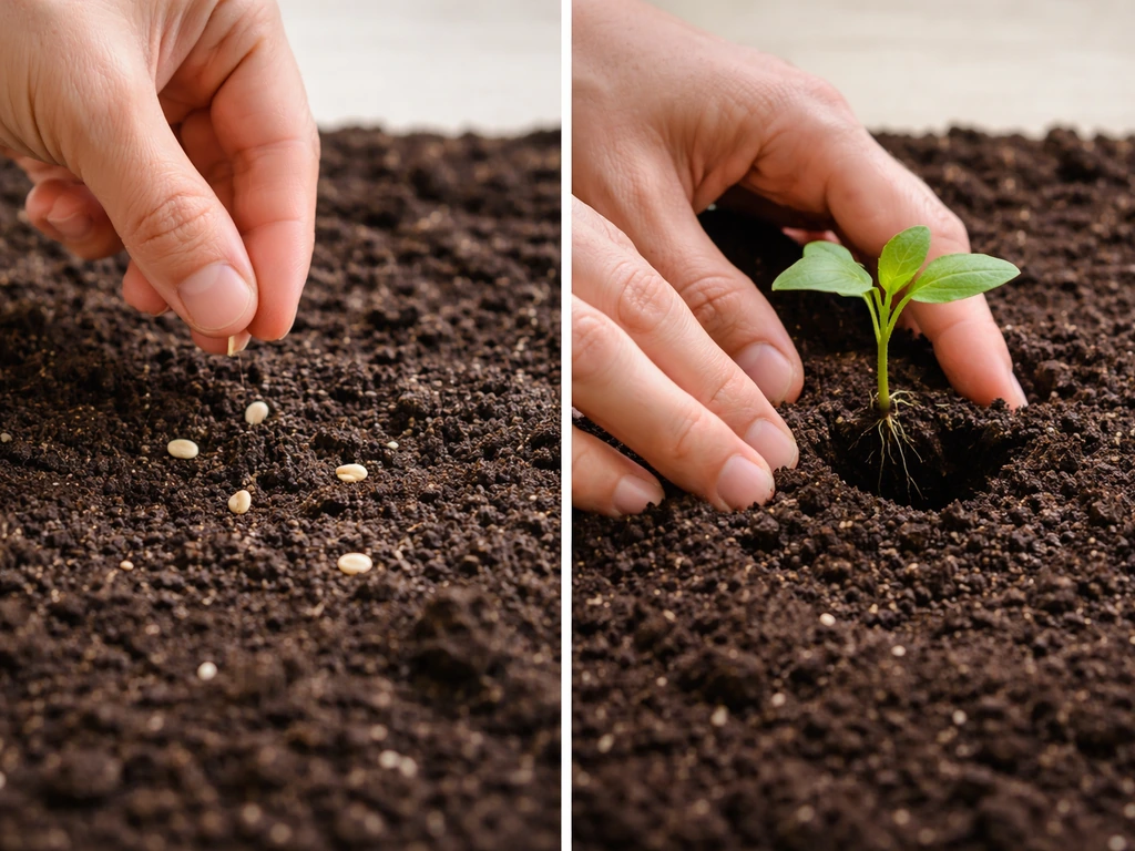 Split close-up: seeds sprinkled on soil vs a seedling transplant set into a pot at correct depth.