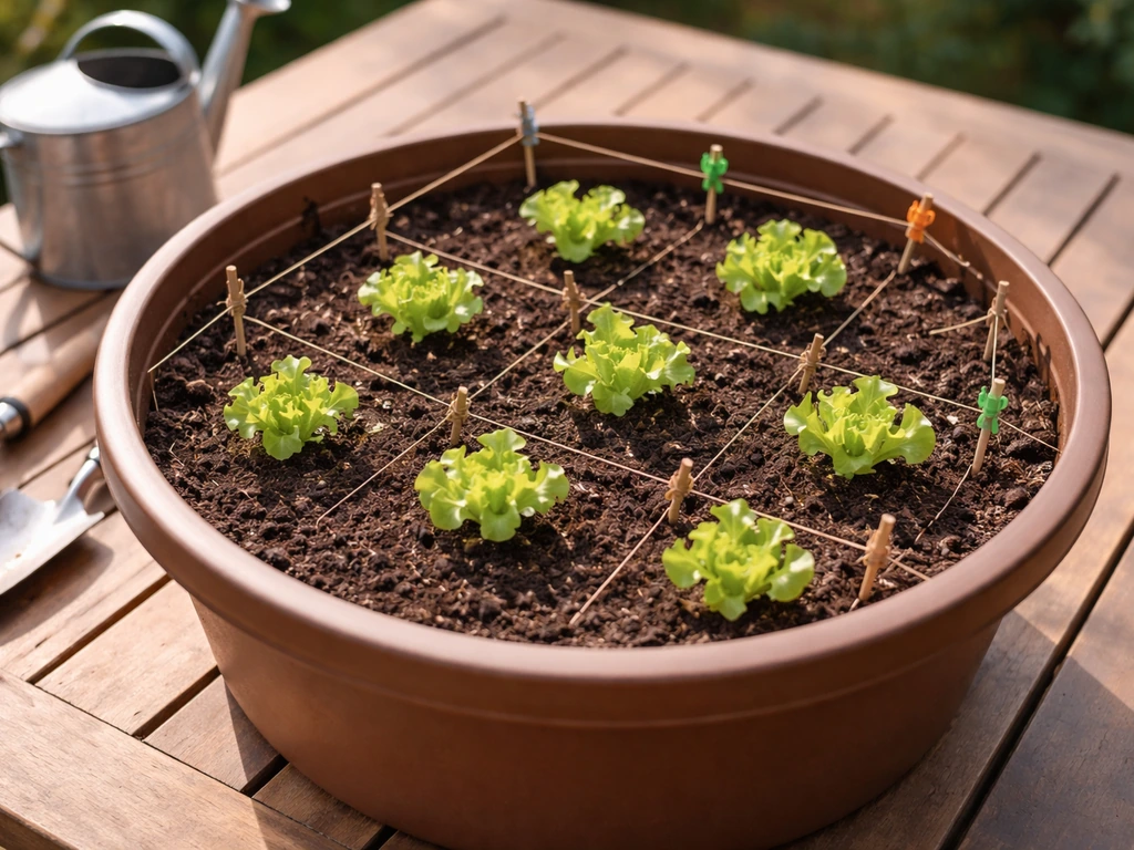 Transplants in a pot with clear spacing marks for timing, ready for hardening off.