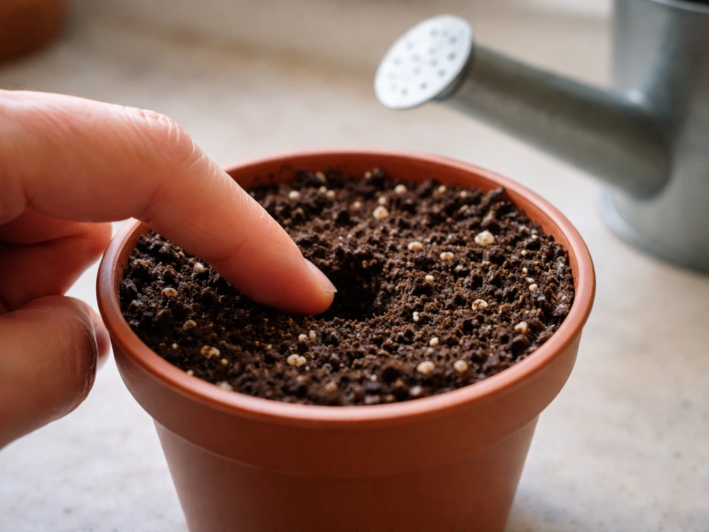 Hand finger-test checking top inch soil moisture in a pot while a watering can waters nearby.