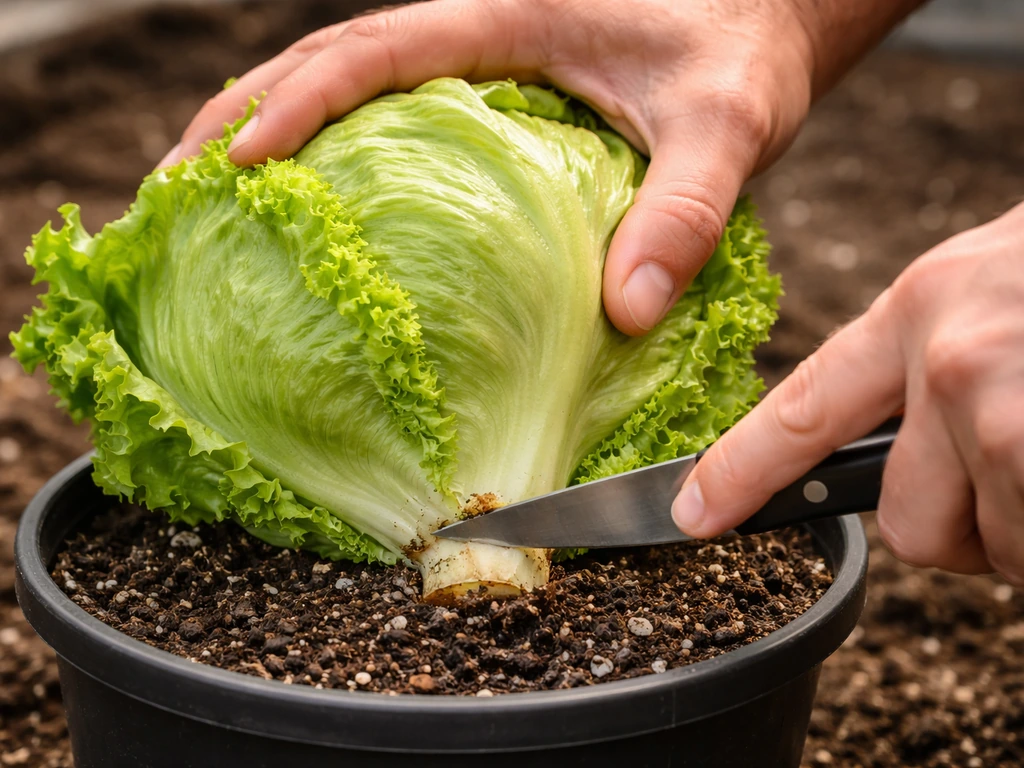 A firm iceberg head being cut at the base with a clean knife in a small pot.