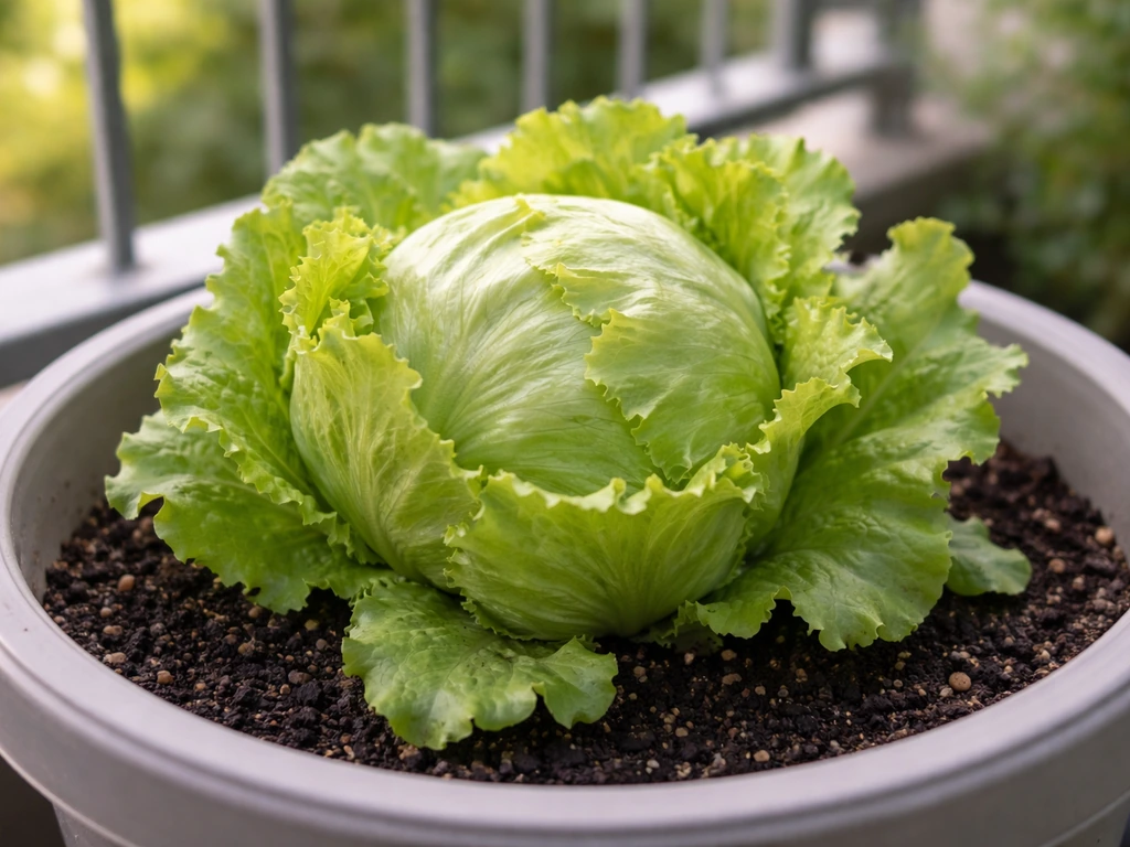 Dense pale-green iceberg lettuce head growing in a balcony pot with crisp leaves in natural light.