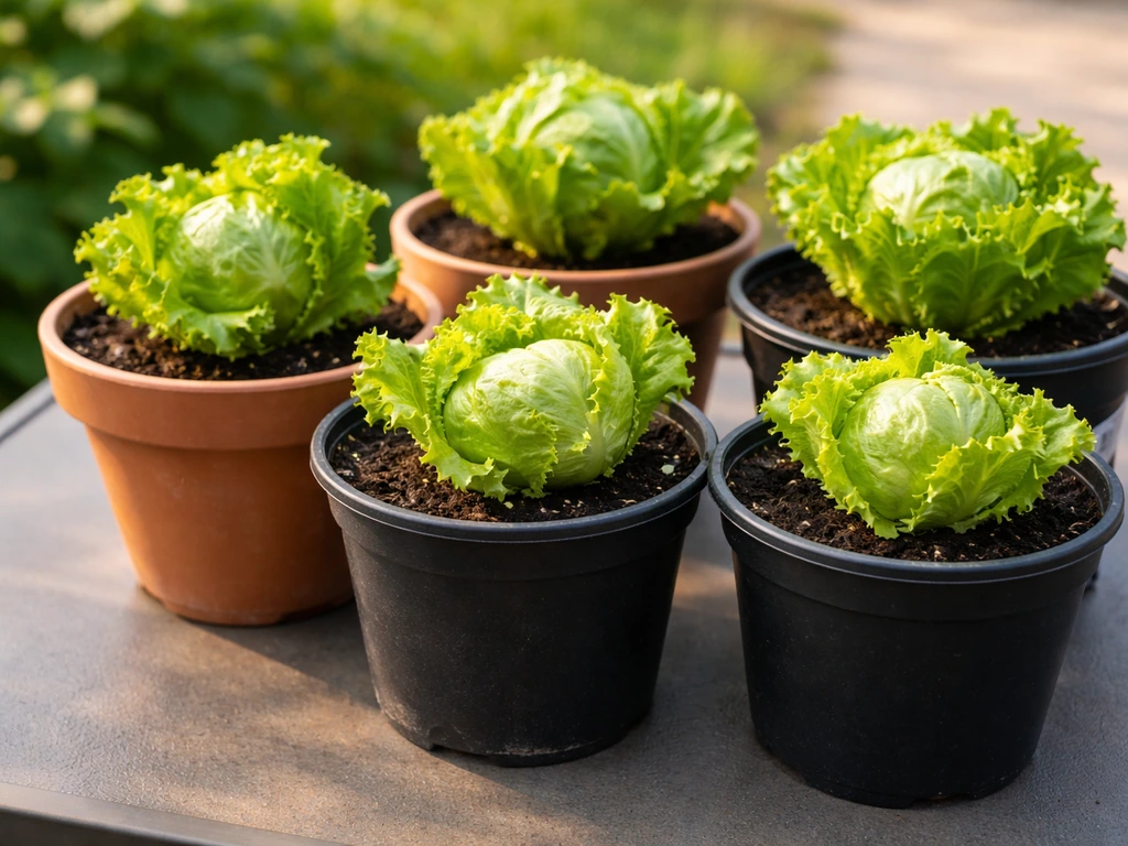 Healthy iceberg lettuce seedlings in small pots on a patio table, ready for container gardening.