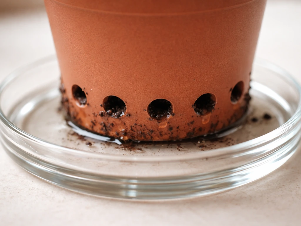 Close-up of a planter bottom with drainage holes over a saucer tray to prevent waterlogging.