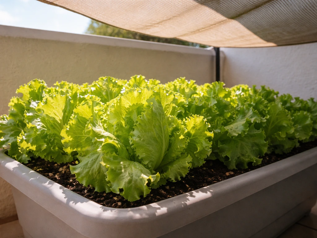 Iceberg lettuce in a patio container with morning sun and soft afternoon shade from a cloth umbrella.