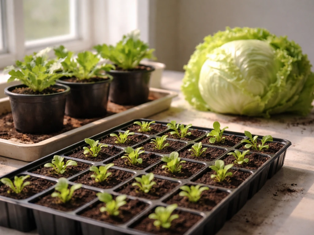 Lettuce seedlings growing in small trays, culminating in a pale iceberg head ready for harvest.