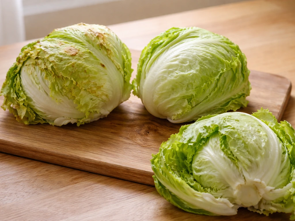 Side-by-side photos of stressed, healthy, and loose-head iceberg lettuce on a wooden board.
