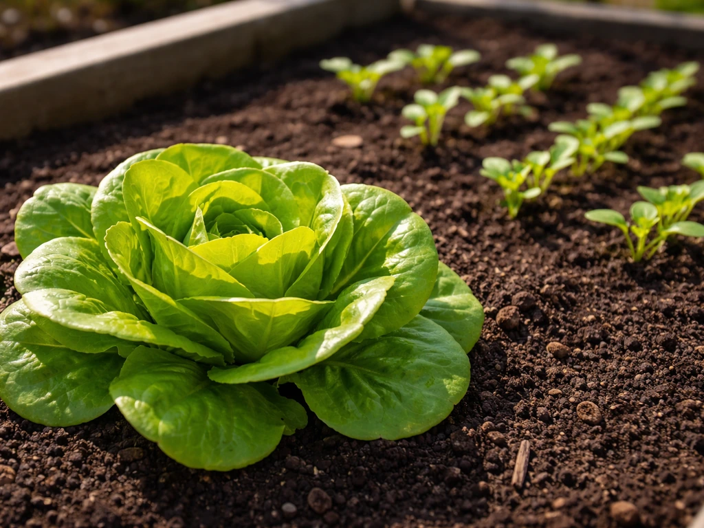 Close-up of a Bibb lettuce head with nearby earlier seedlings in a simple garden bed.