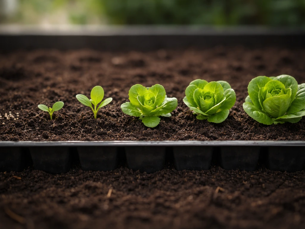Left-to-right row of Bibb lettuce showing seed, cotyledon, seedling, rosette, cupping, and heading stages.