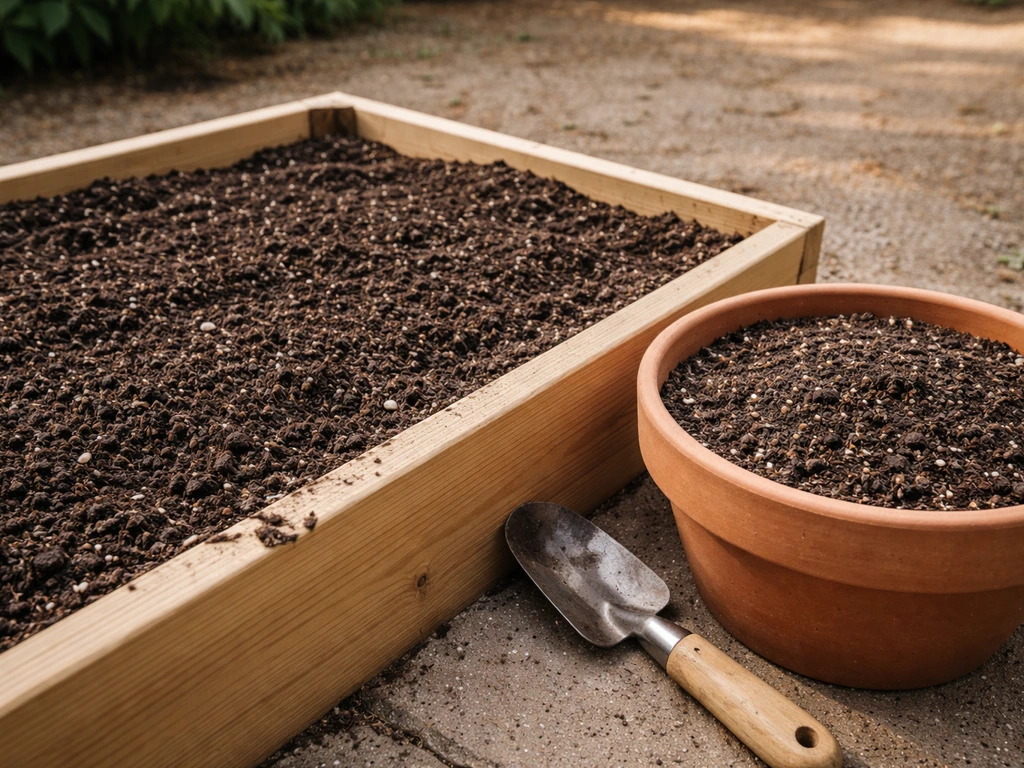 Raised wooden garden bed with loose dark potting mix beside a terracotta container filled with soil.