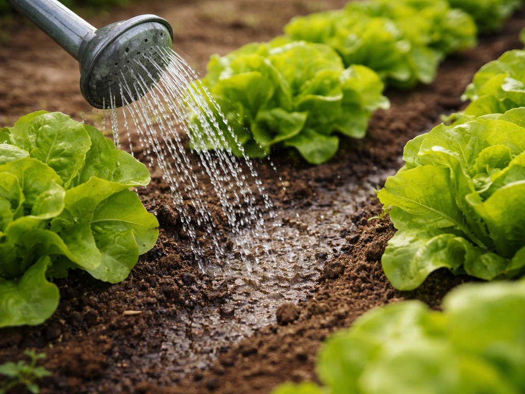 Close-up of gentle watering at the soil surface between Bibb lettuce, keeping leaves dry.