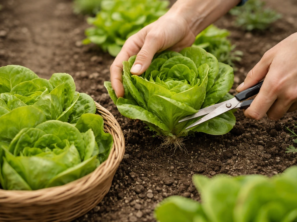 Hands checking Bibb lettuce firmness and clean-cut harvesting just above soil, with fresh heads in basket.