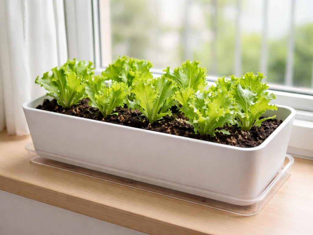 Fresh green lettuce thriving in a compact window planter beside a sunny window