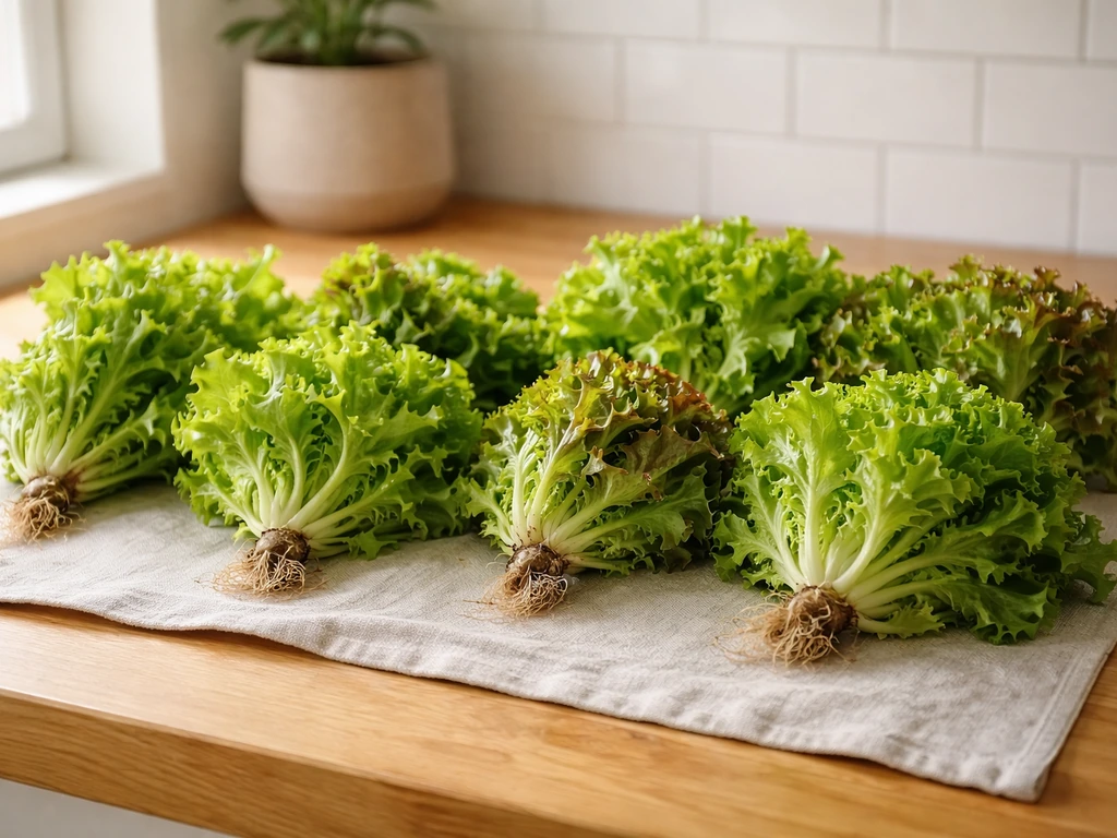 Fresh oak-leaf and leaf lettuce varieties laid out on a wooden counter in natural light.