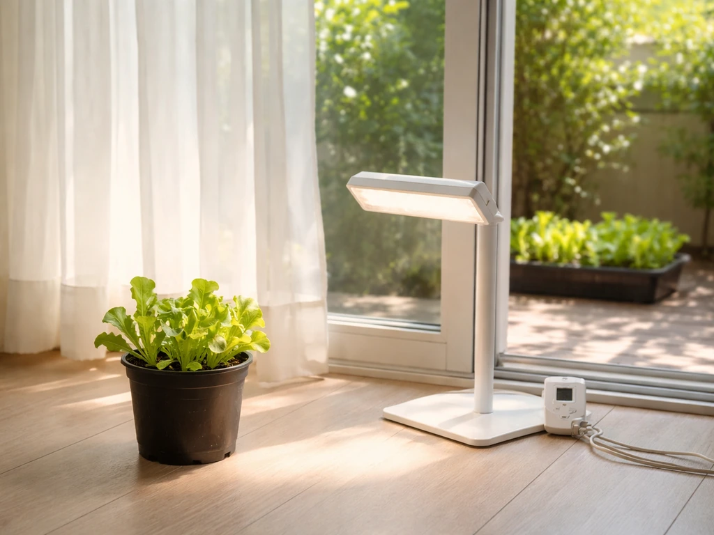 Lettuce seedlings near a sunny window with a grow light beside them, contrasting with partial-sun balcony light.