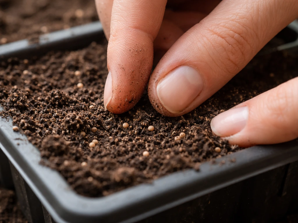 Tiny lettuce seeds being pressed into moist potting mix at shallow depth in a small seed tray.
