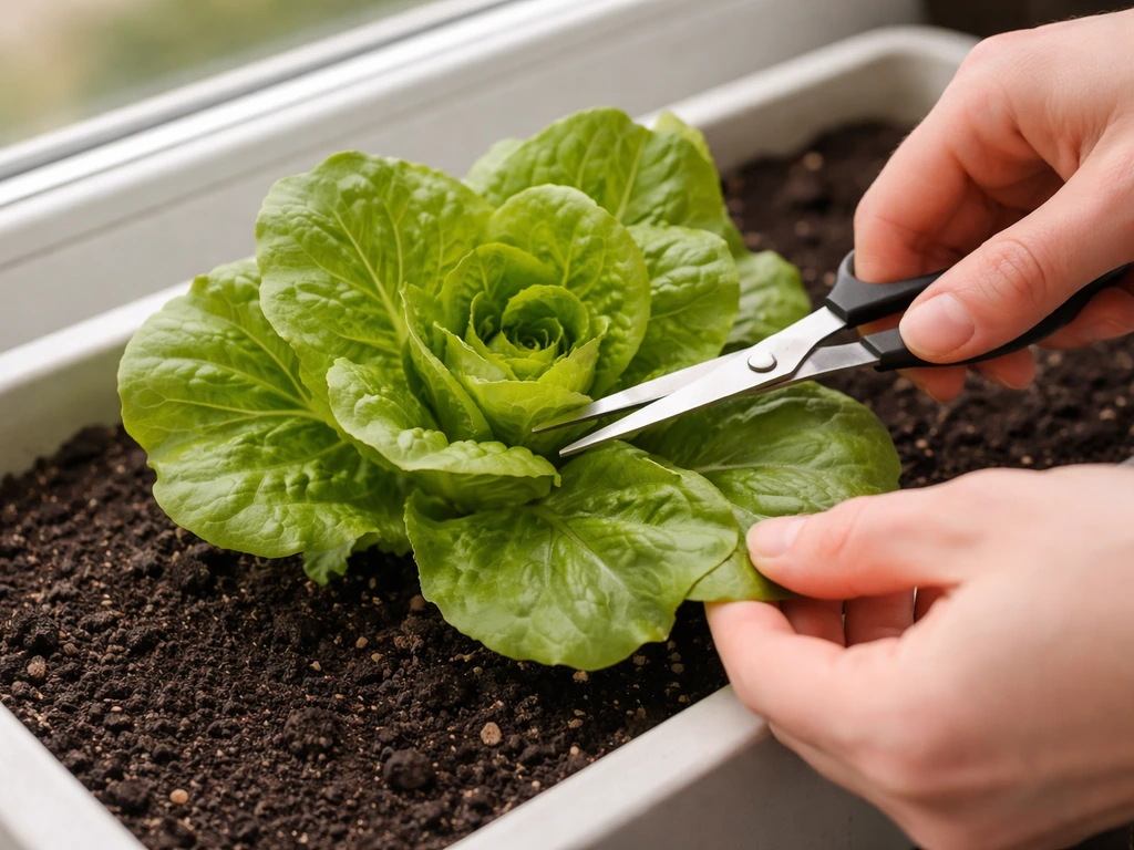 Hands trimming outer lettuce leaves with scissors while the plant center remains intact