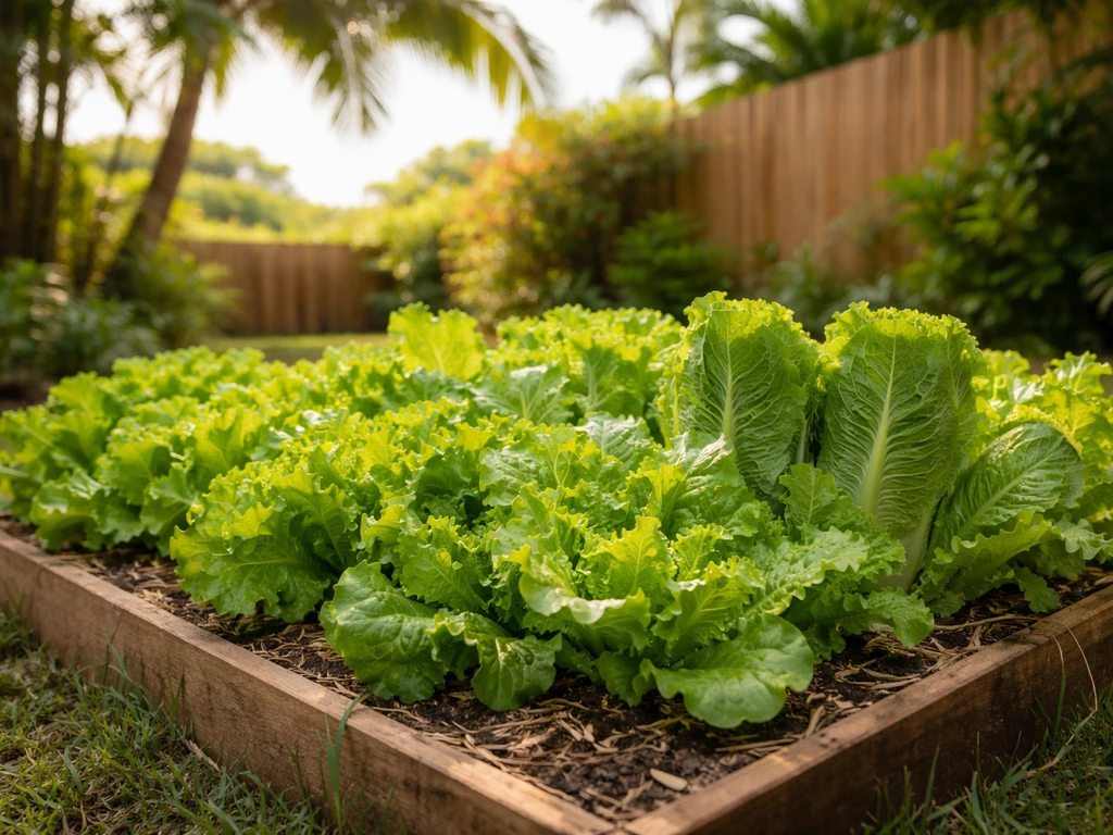 Sunlit Hawaii backyard garden bed filled with healthy green lettuce in containers/raised soil.