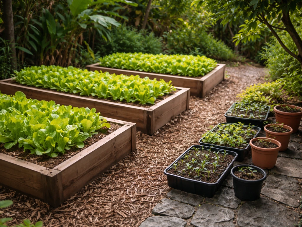 Raised bed rows of lettuce beside a small set of pots/trays for easy moving in changing sun.