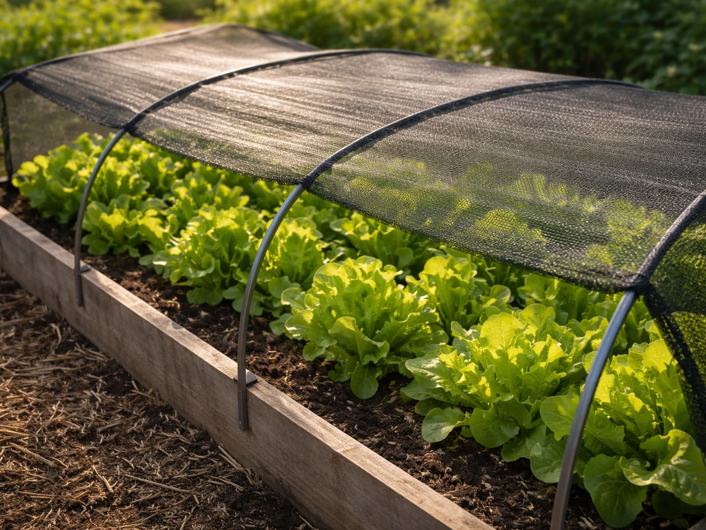 Close-up of 30–50% shade cloth over a lettuce bed, showing leaves protected from intense sunlight.