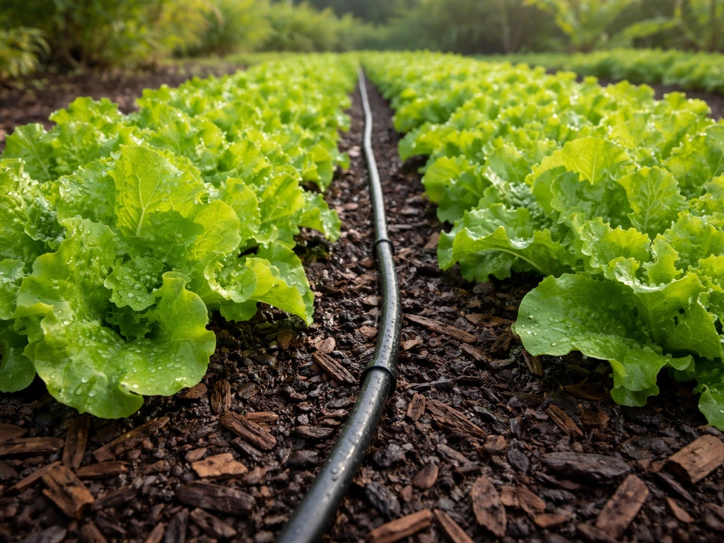 Lettuce bed with mulch and a drip irrigation line, showing gentle moisture for proper watering in Hawaii.