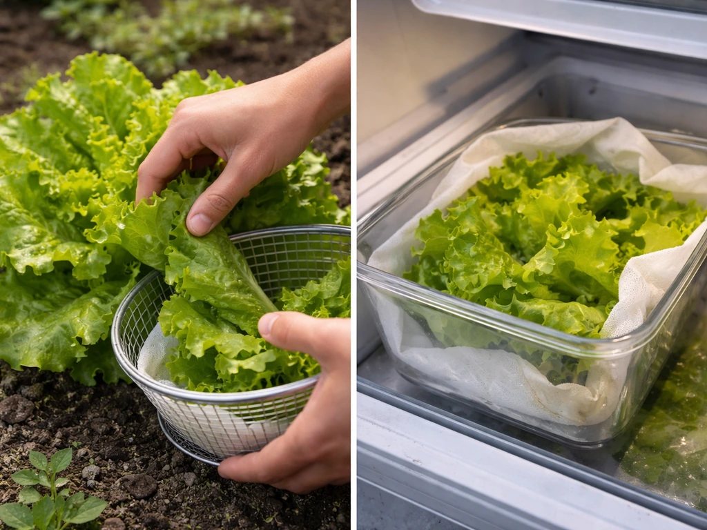 Hands harvesting dew-fresh loose-leaf lettuce in the morning, with leaves placed into a humid cold container.